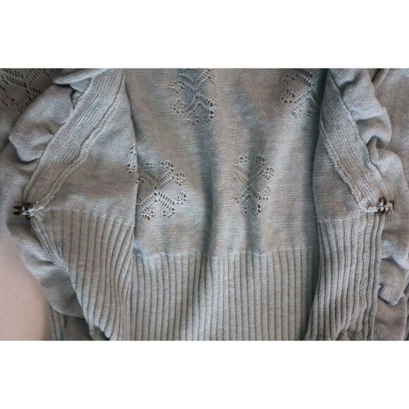 Anthropologie Guinevere Women's Sz M Blue Pointelle Ruffled Curly Top Cardigan - Picture 9 of 12